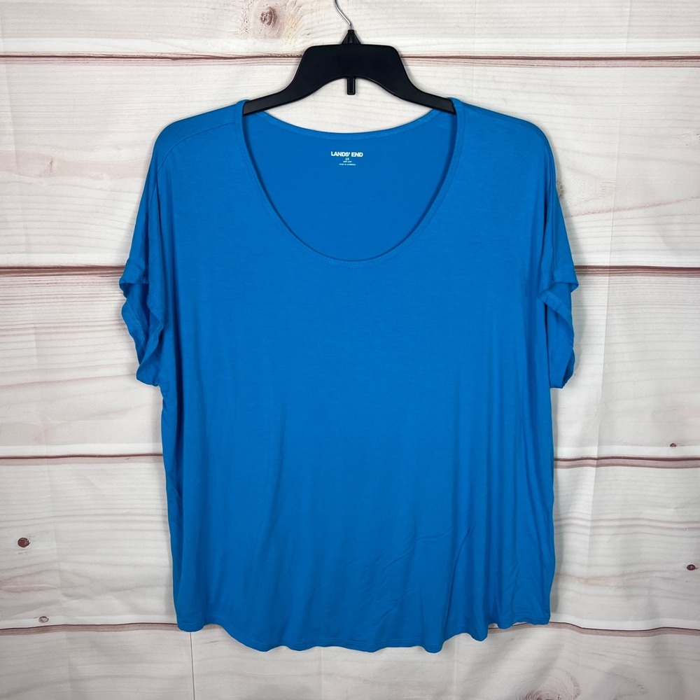 Lands End Top Women 2X Blue Scoop Neck T-Shirt Dolman Sleeve Jersey Knit Solid